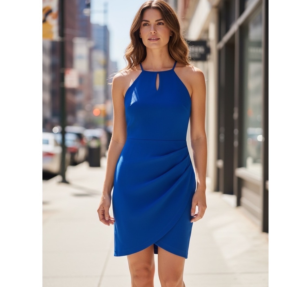 Guess Women's Royal Blue‎ Halter Keyhole Ruched Tulip Hem Cocktail Dress 4 NWT